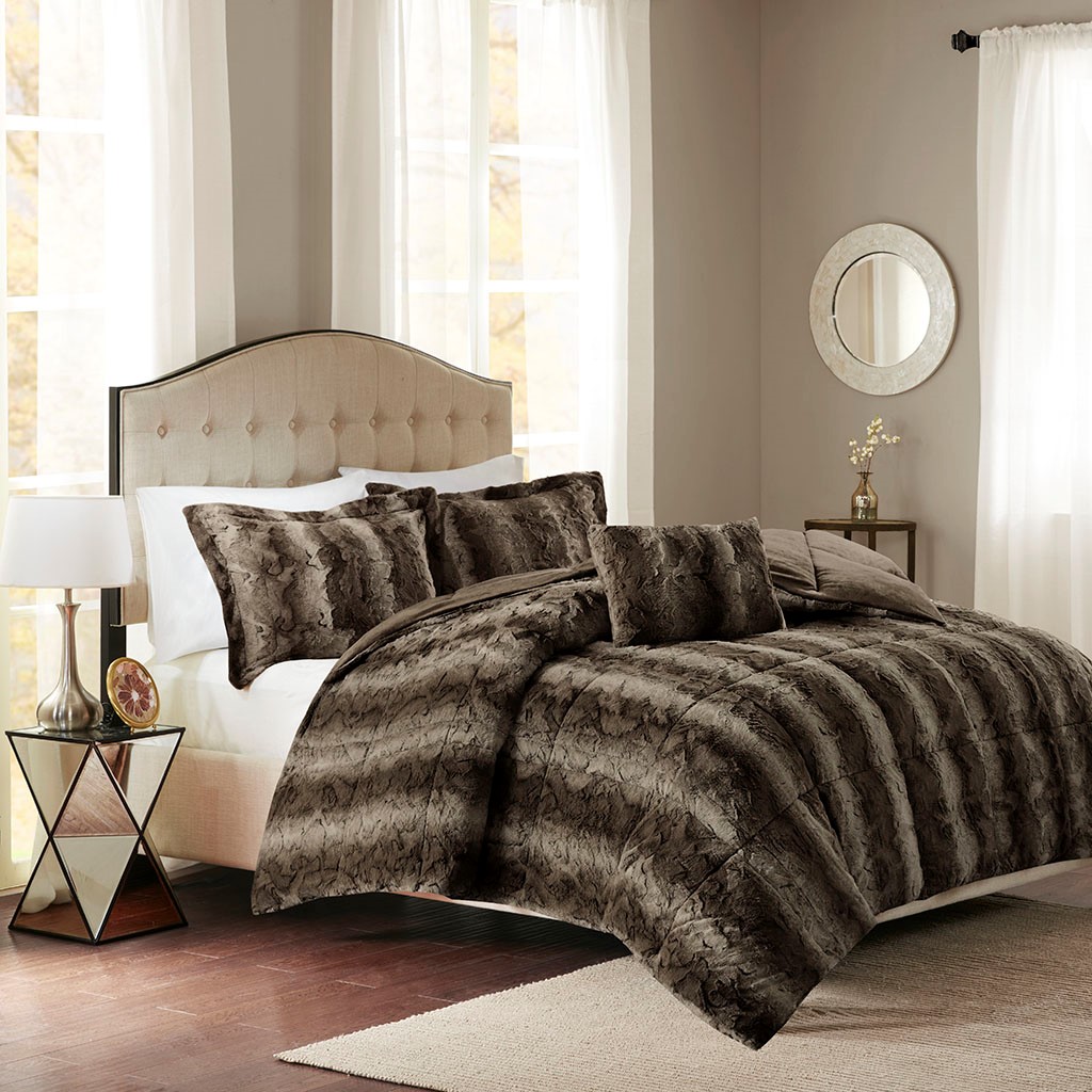 Full Queen New Zuri Faux Fur Comforter Set Brown Neutral Madison