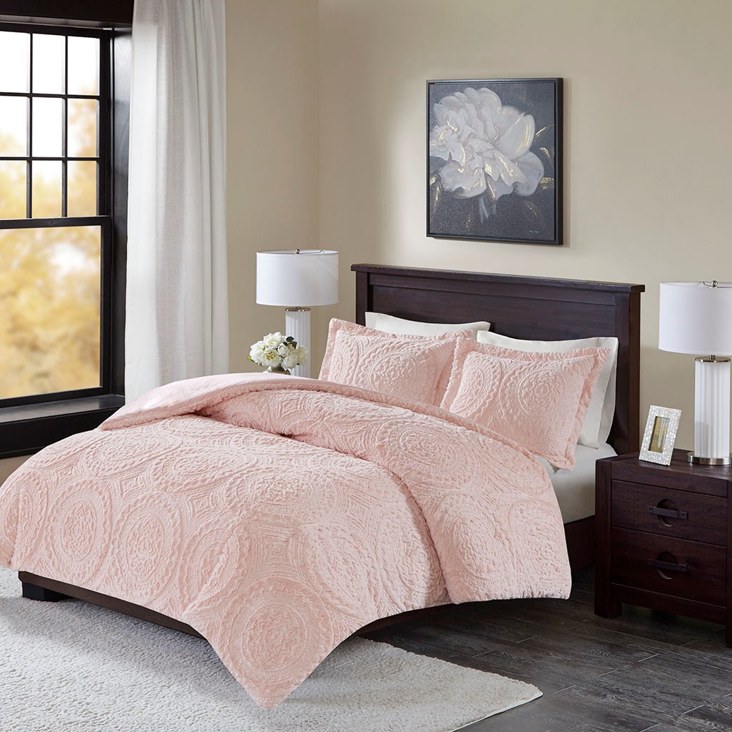 Twin Arya Medallion Ultra Plush Comforter Set Faux Fur Brown Pink