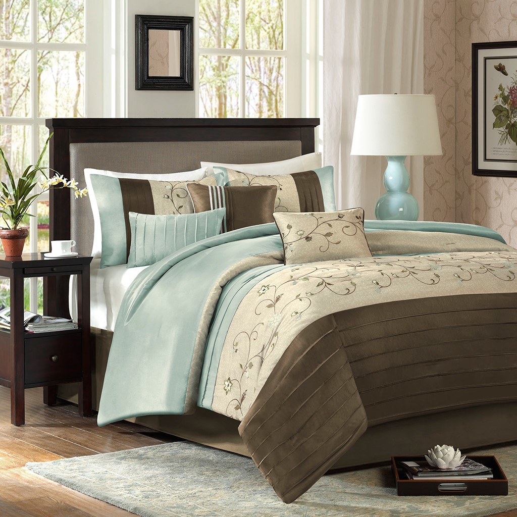 Queen Size Serene Embroidered 7 Piece Comforter Set Blue Madison Park ...