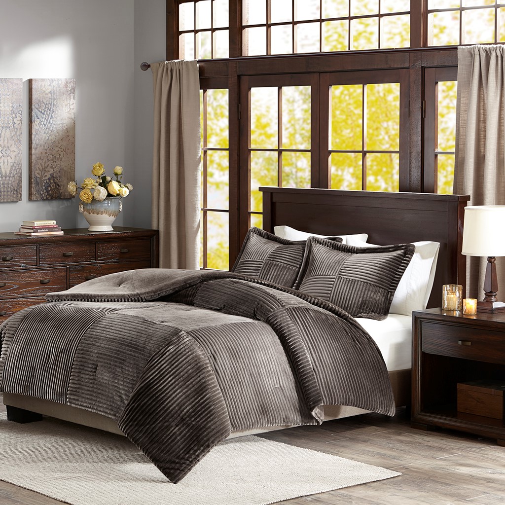 Parker Full Queen 3pc Comforter Set In Plush Grey Checkerboard