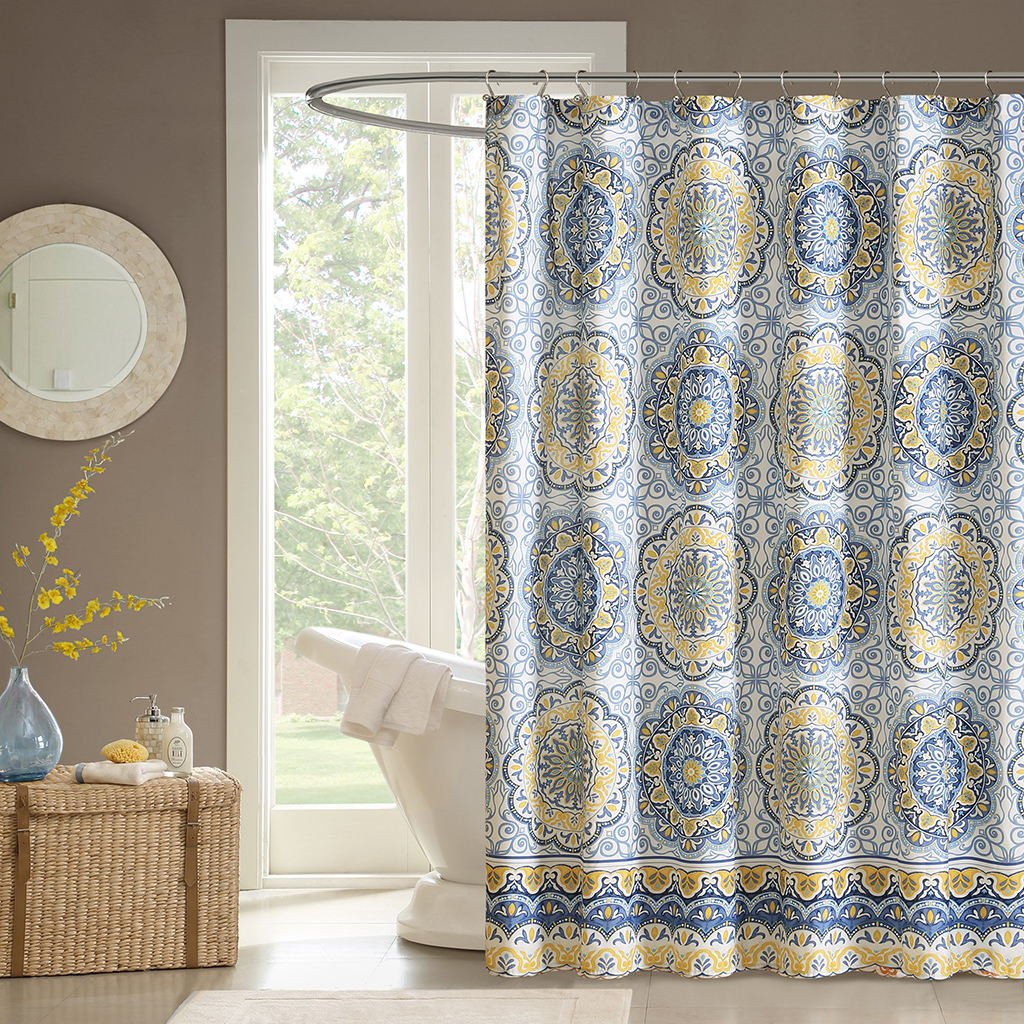 Donnell Embroidered and Pieced Shower Curtain with Liner Yellow/Gray 72x72 