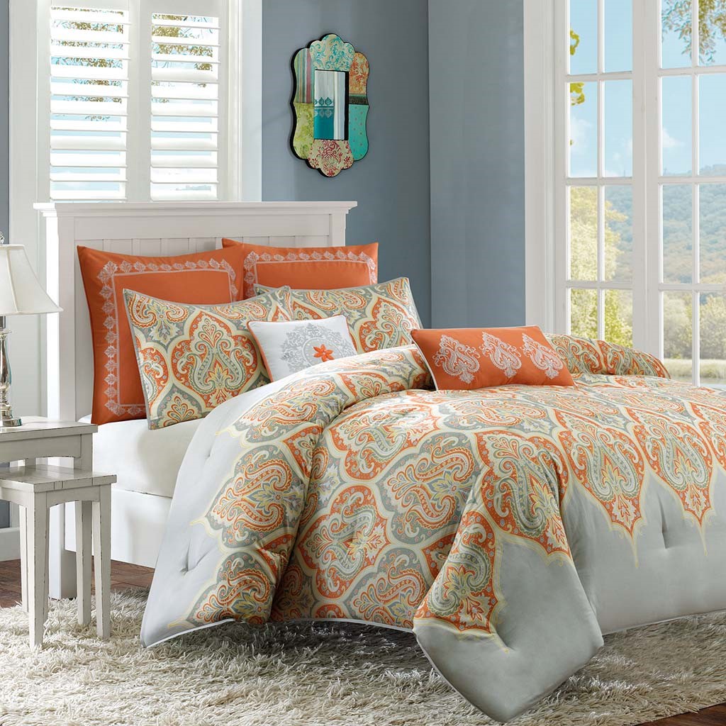 New King Cal King Size Nisha Comforter Set Cotton Orange Madison