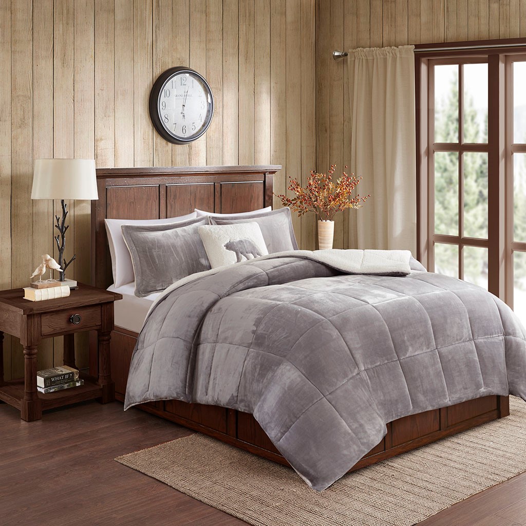 Full Queen Alton Plush Sherpa Down Alternative Comforter Set Grey