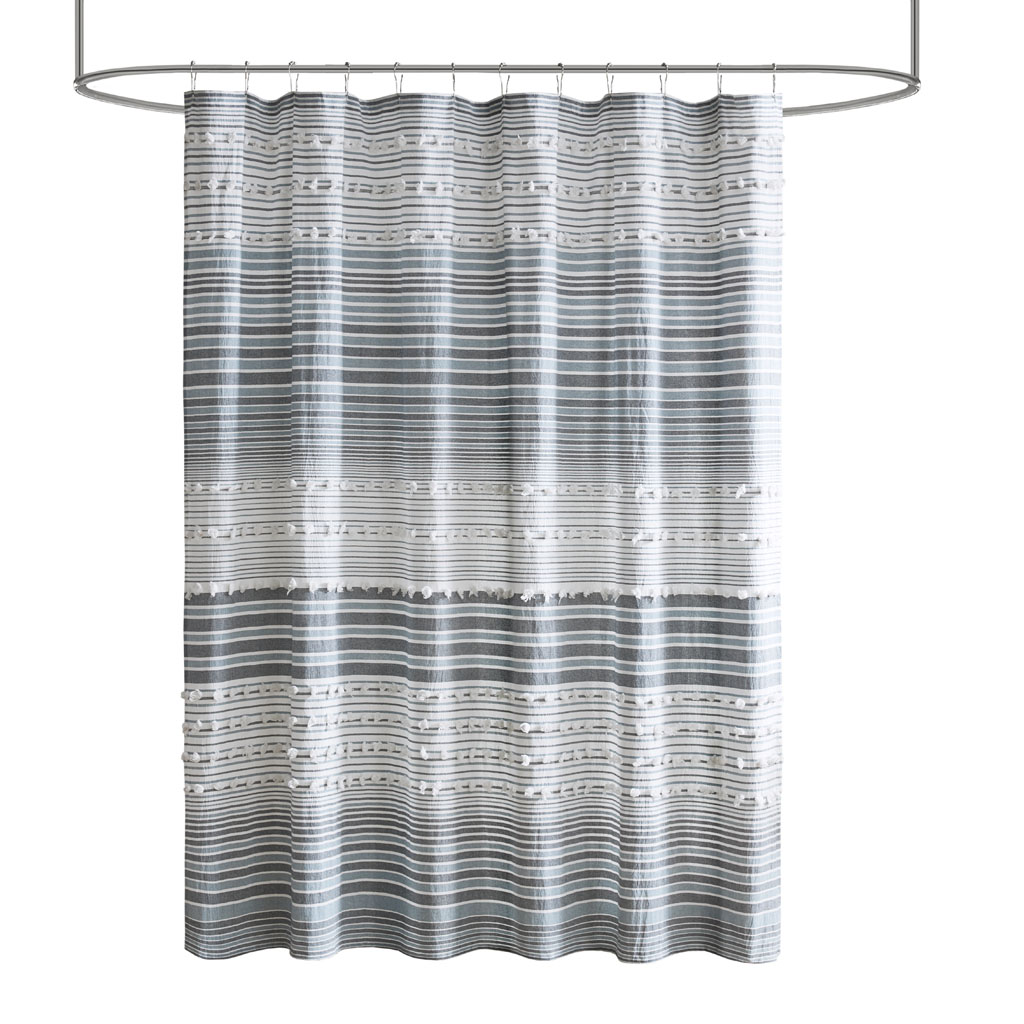 Urban Habitat Calum Cotton Yarn Dye Shower Curtain with Pom Poms 