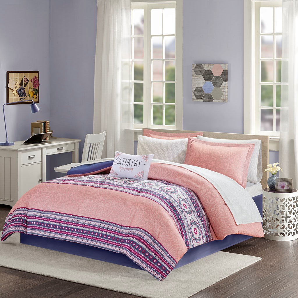 Gemma Twin 7pc Comforter Sheet Set In Coral Paisley Print W