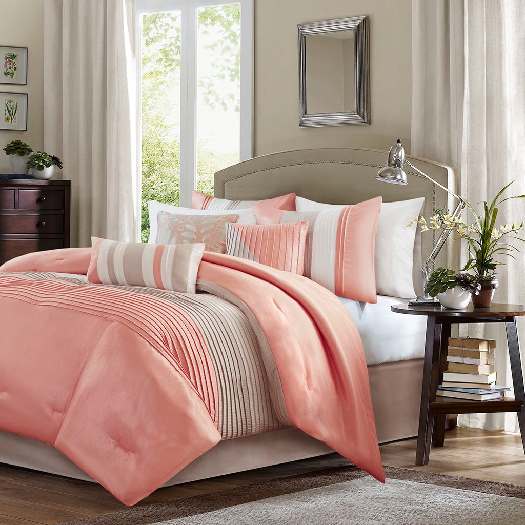 New King Size Amherst 7 Piece Comforter Set Orange Pink Madison