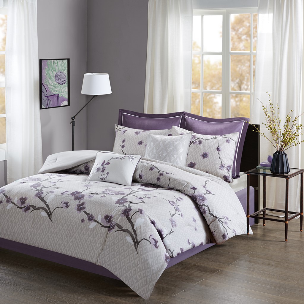 King Size New Holly 8 Piece Cotton Comforter Set Cotton Purple