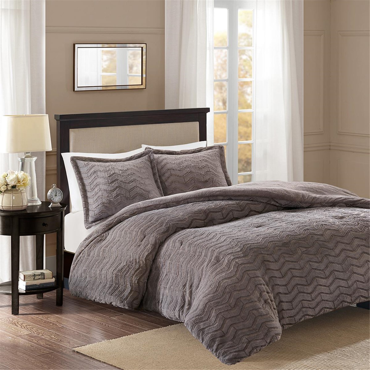 Full Queen Sloan Plush Down Comforter Set Faux Fur Grey Madison