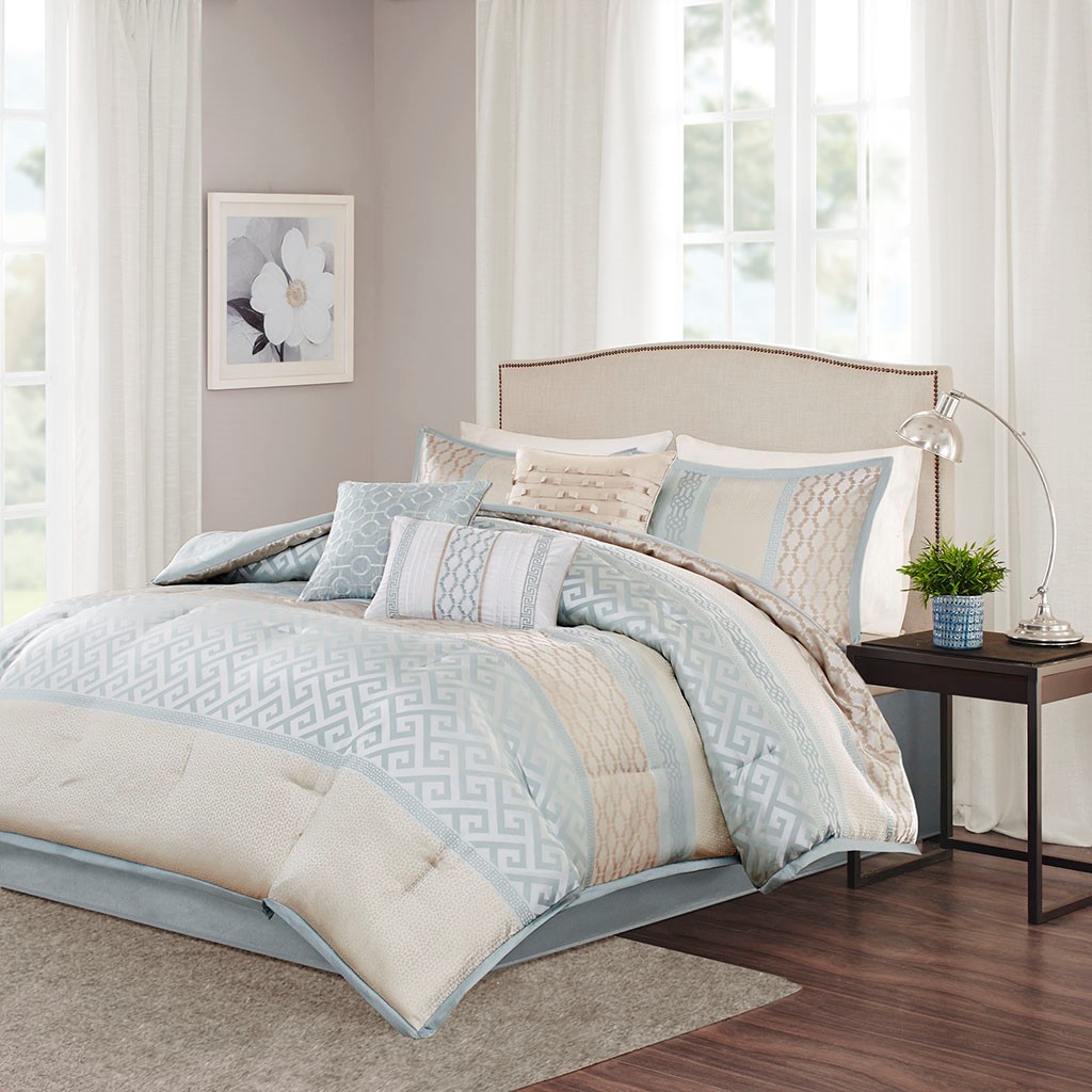 Queen Size New Bennett 7 Piece Comforter Set Blue Green Madison