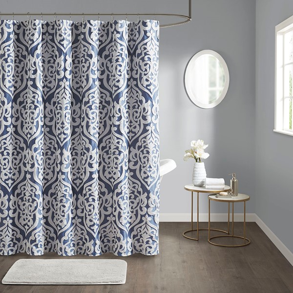 Odette Jacquard Shower Curtain By, Madison Park Serene 72 Inch X Embroidered Shower Curtain In Blue