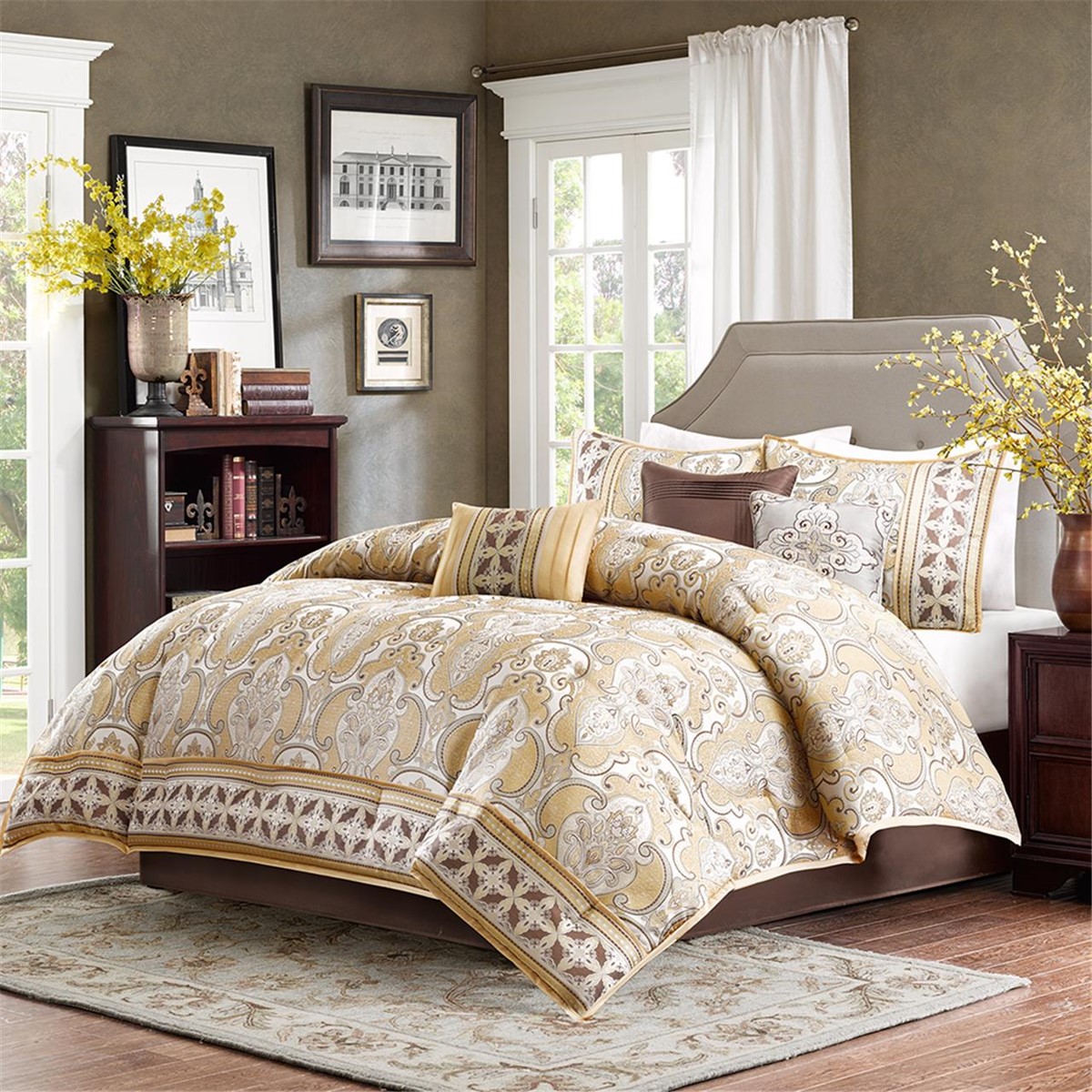 Queen Size Chapman 7 Piece Comforter Set Gold Transitional Madison