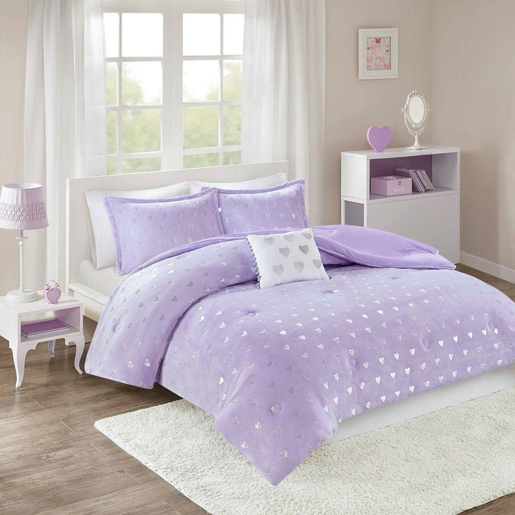 Details About Full Queen Rosalie Metallic Printed Plush Comforter Set Microfiber Purple Silver
