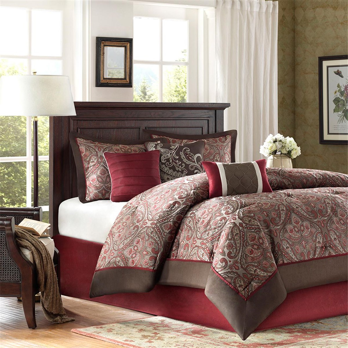 Cal King Size Talbot 7 Piece Comforter Set Red Traditional Madison